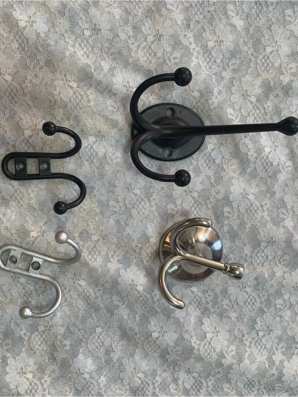 Mixed Lot of Wall Mount Coat Hooks - Black, Chrome & Satin Nickel (4-Piece)